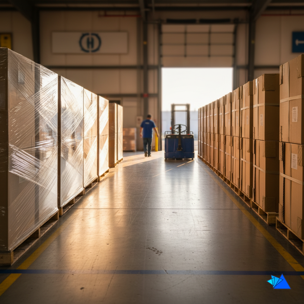 Two rows of pallets, one in stretch film and one paper banded, staged in a logistics and warehousing facility