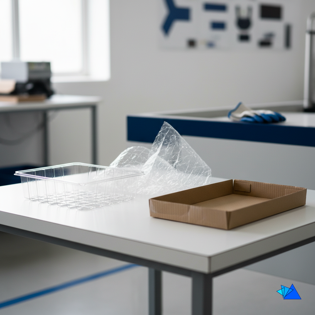 A plastic tray and shrink film next to a corrugated tray, the swap many brands weigh in a fulfillment warehouse