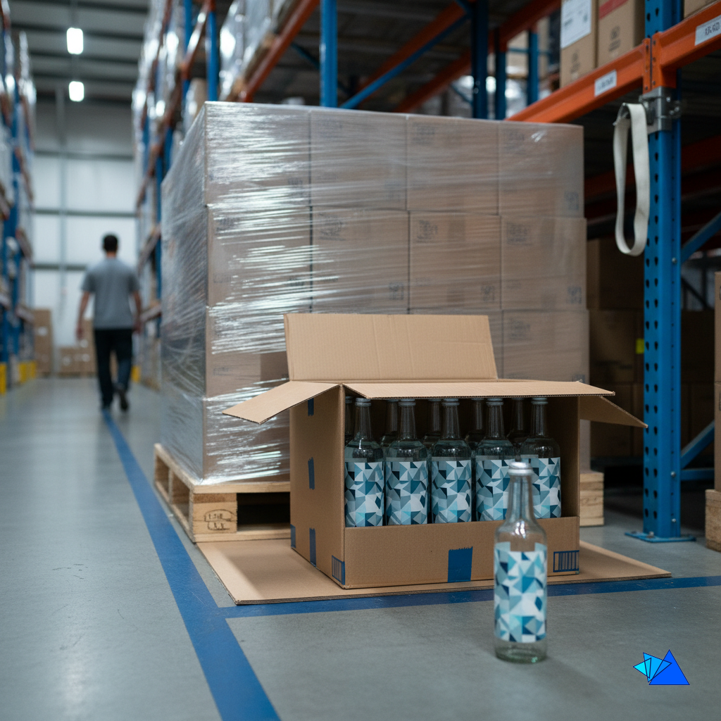 A retail bottle, its 12-unit case pack and a wrapped pallet showing the 3 packaging layers in logistics warehousing