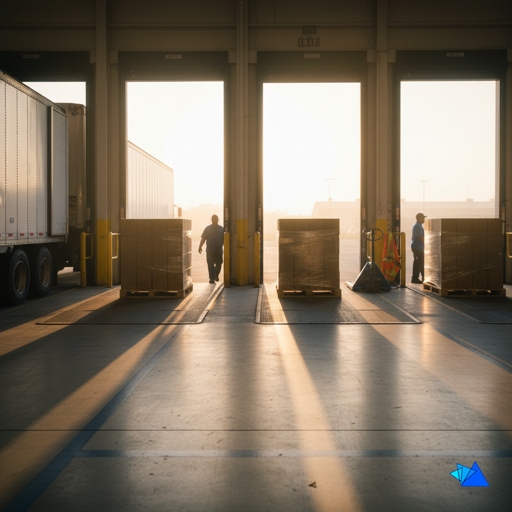 Neatly built pallets of redesigned cases staged at open dock doors at dawn in a warehousing logistics facility