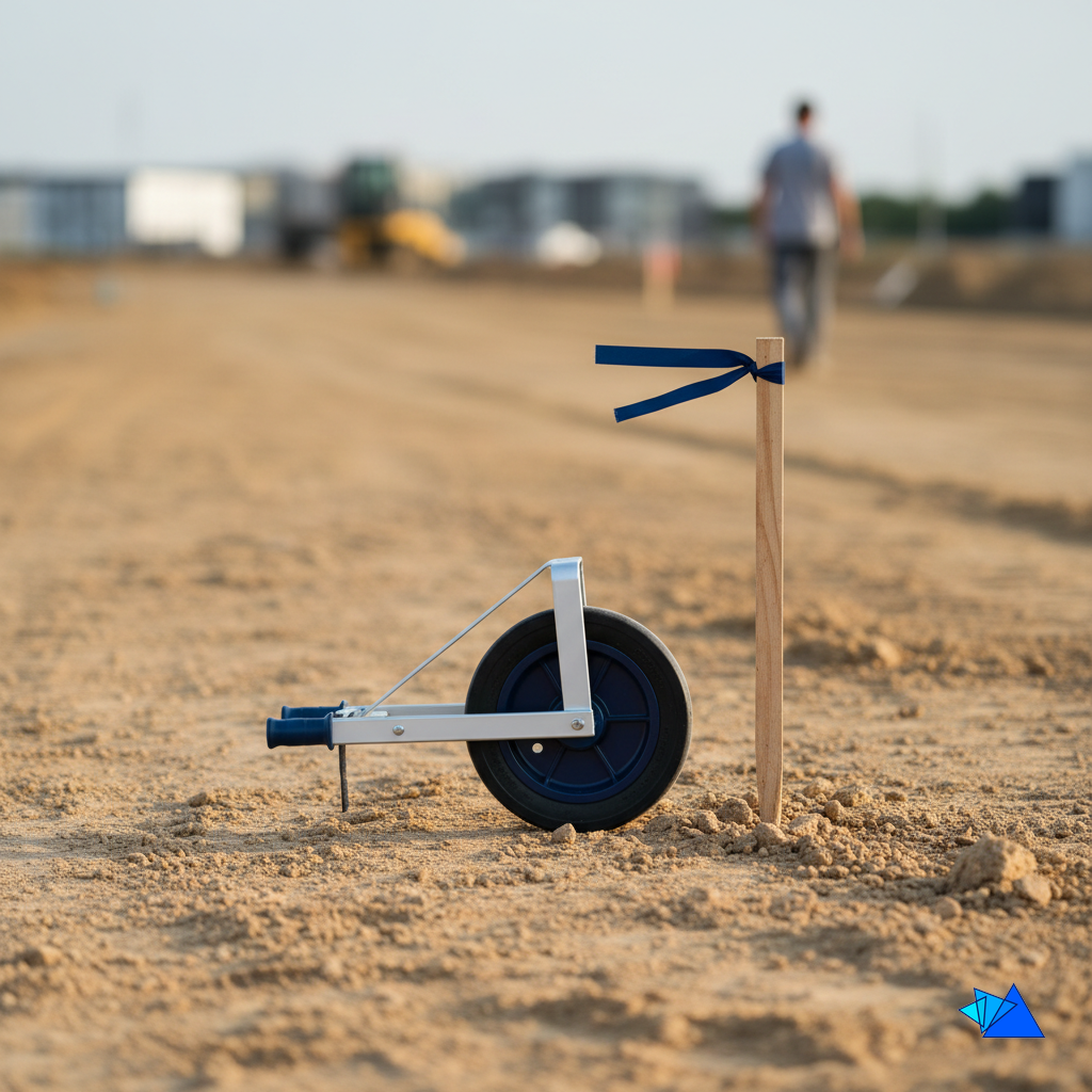 A measuring wheel and survey stake on a graded lot marking the setback for a future warehousing logistics building