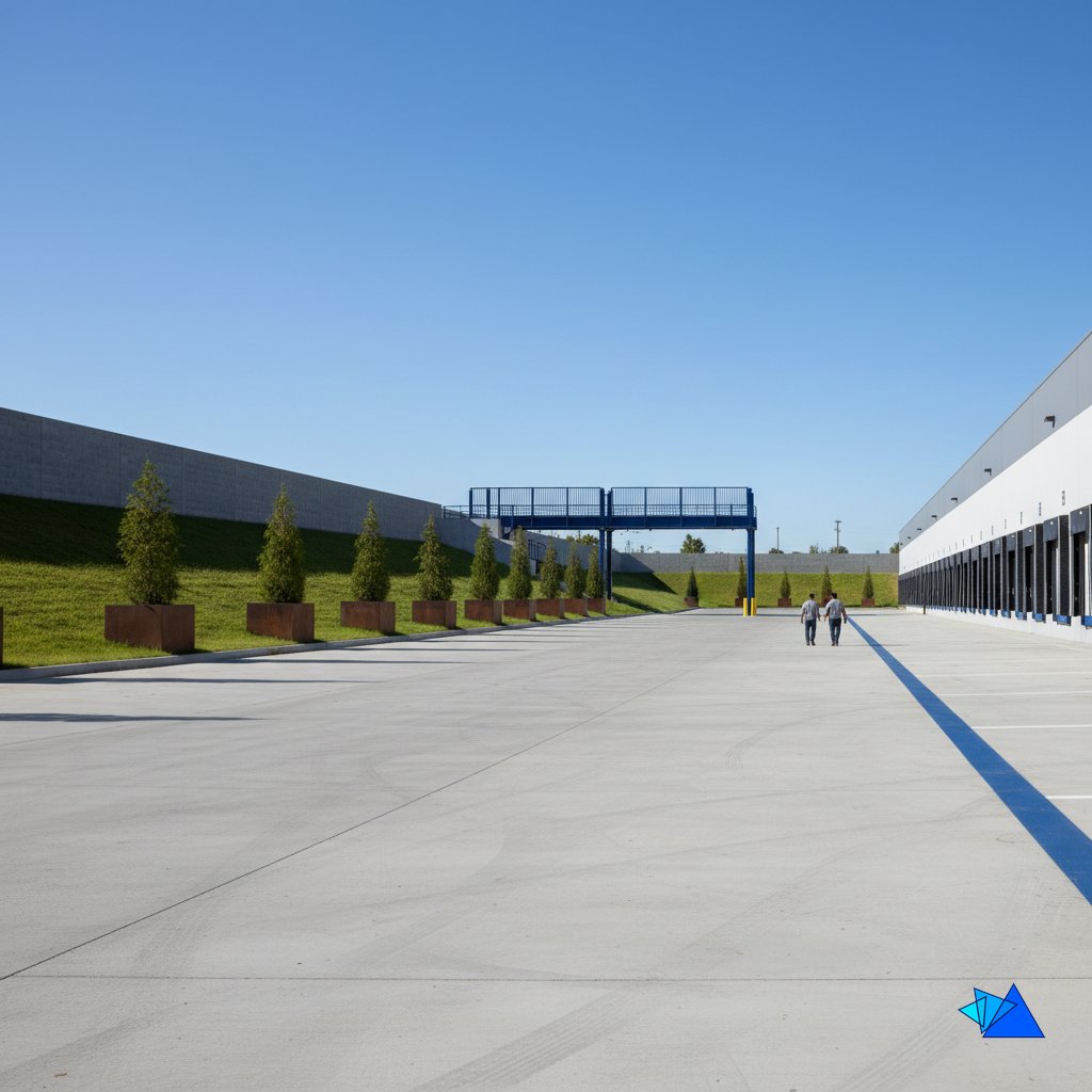 Truck court of a new warehouse with a berm, wall and evergreen trees screening neighbors, shaping warehouse and distribution services