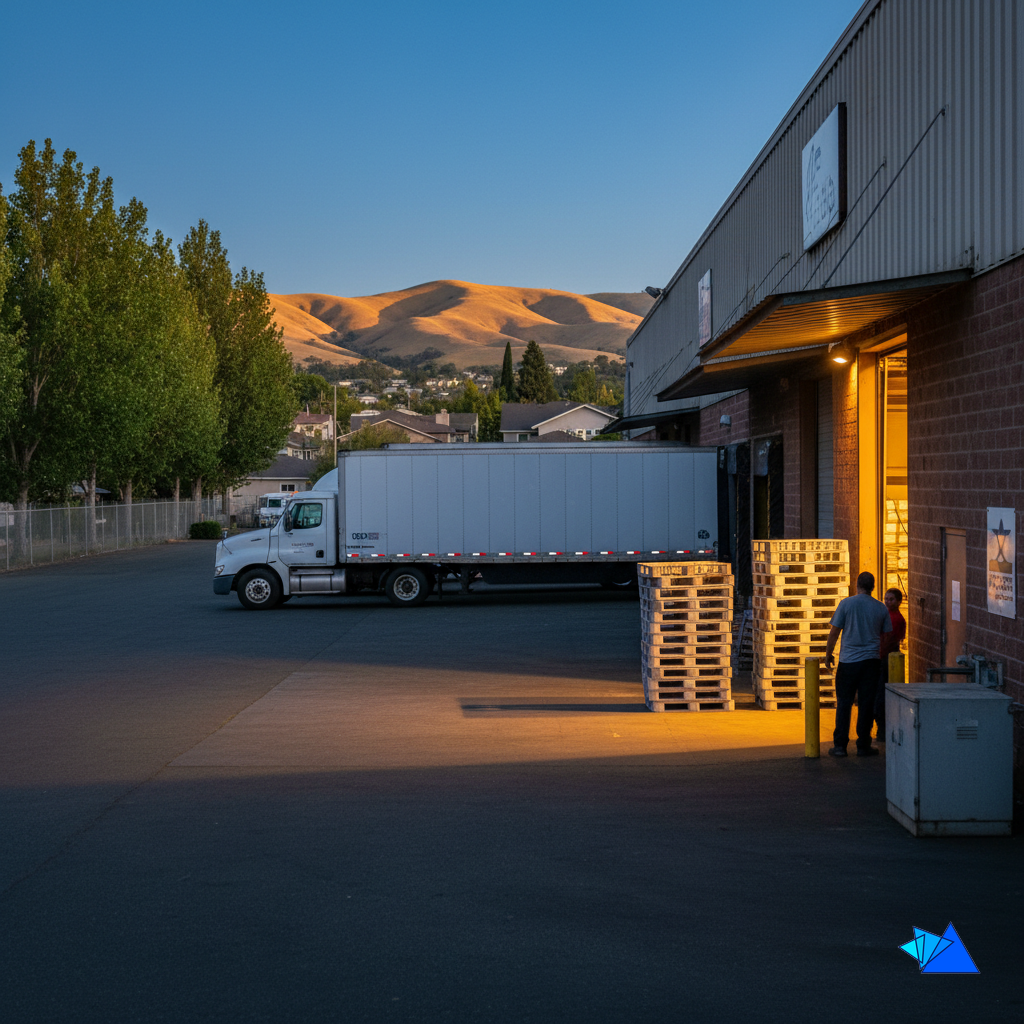 An established Bay Area warehouse near homes at dusk with trucks at the docks and food logistics pallets ready to load
