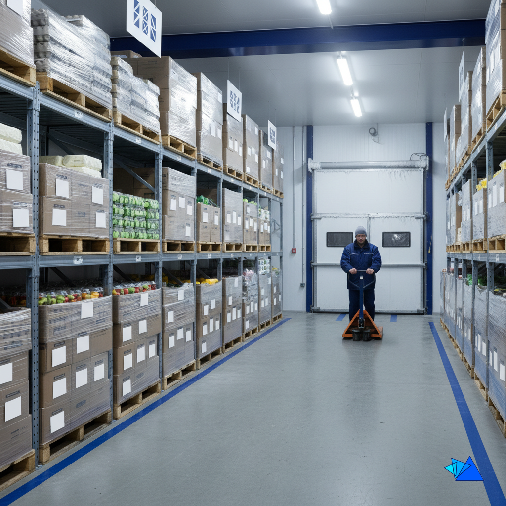 Pallets of cheese, eggs, cucumbers and cut fruit in a cold room, foods on the FDA list that warehousing logistics must trace