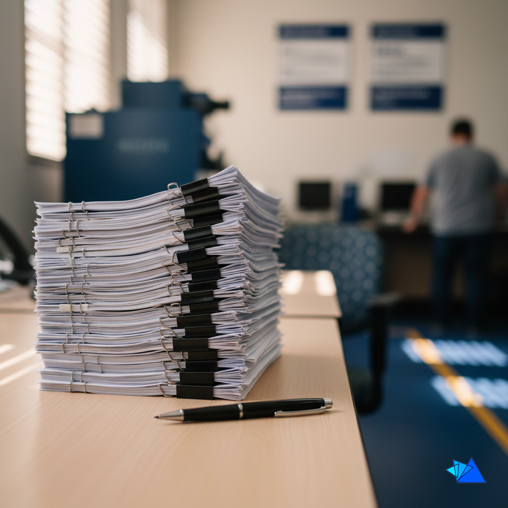 A stack of paper-clipped supplier questionnaires waiting for replies, the slow part of traceability for a fulfillment warehouse