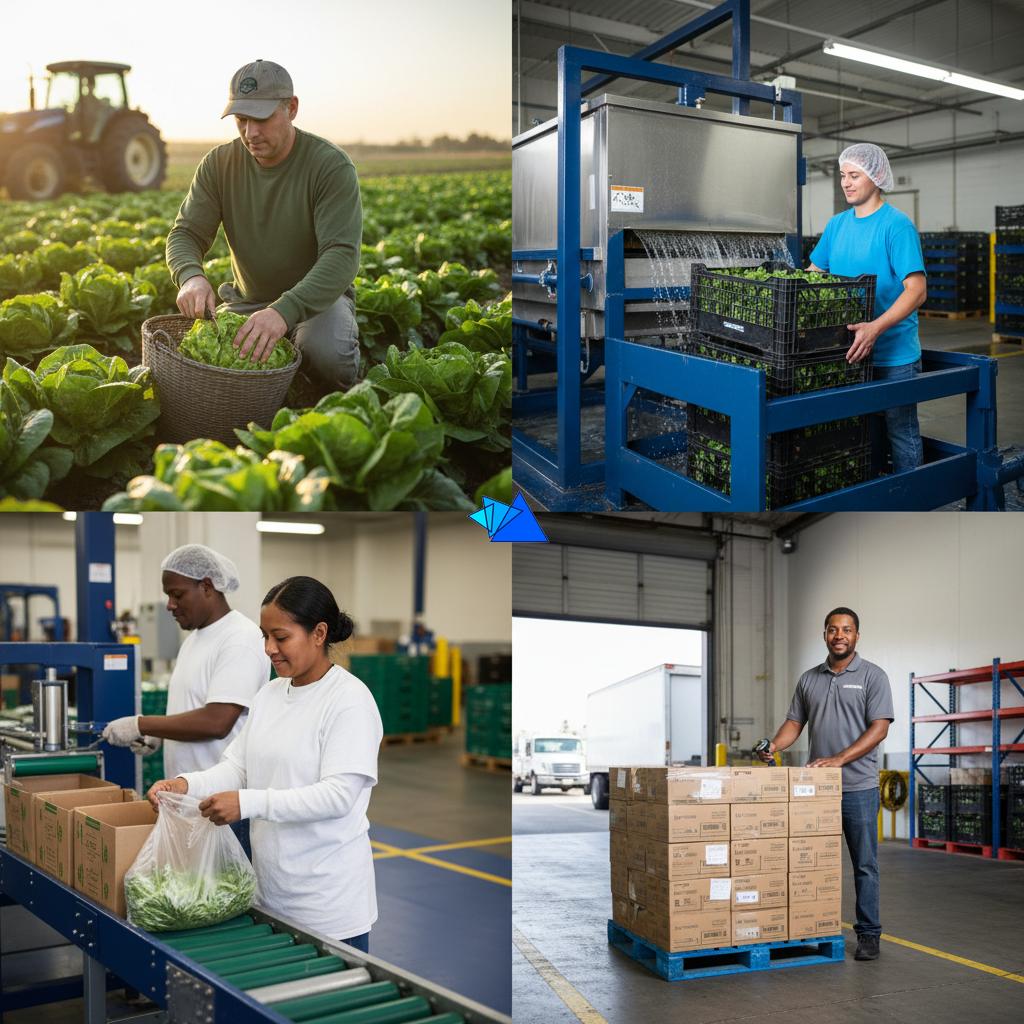 Collage of harvesting, cooling, packing and receiving leafy greens, the critical tracking events in food logistics
