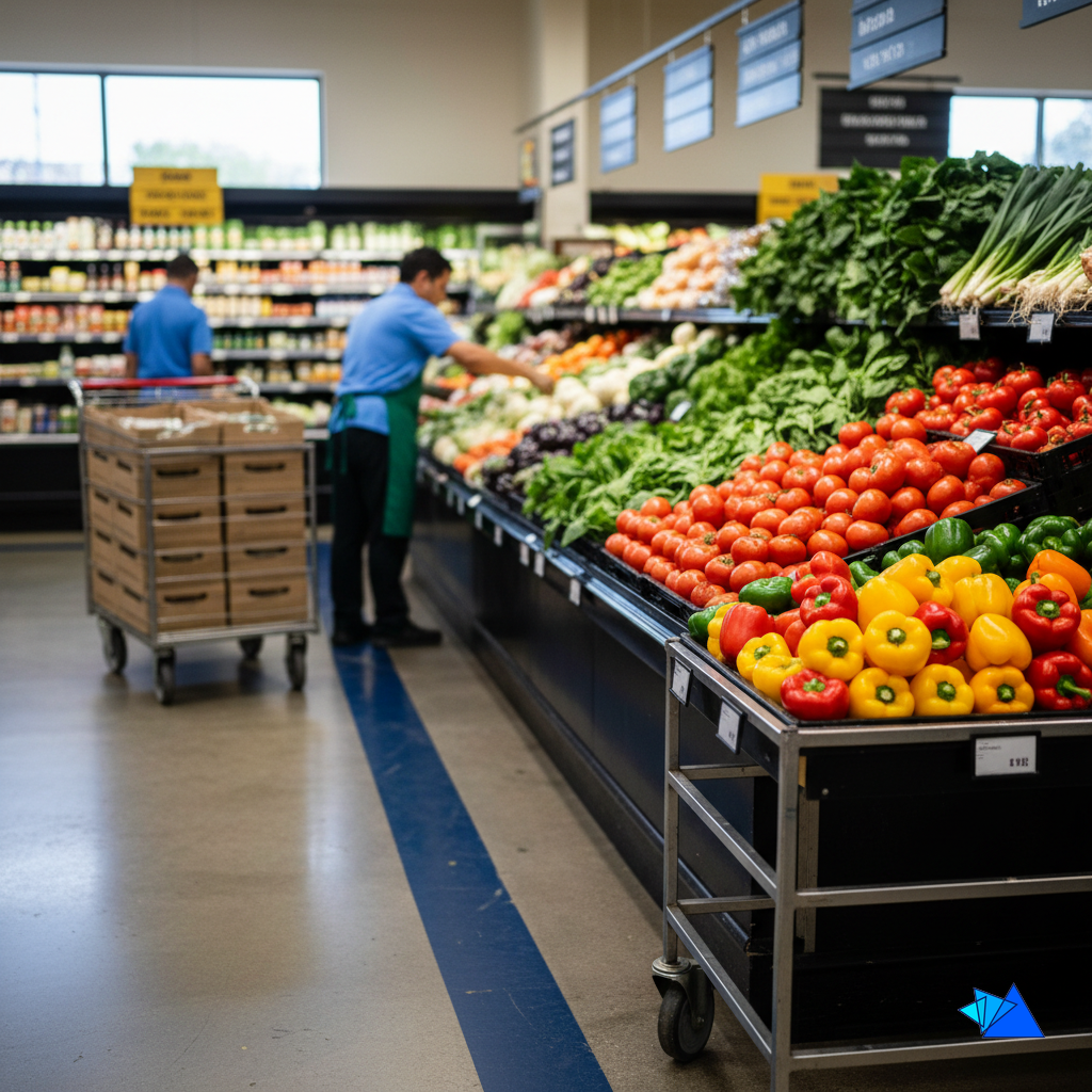 A grocery produce aisle stocked with greens, tomatoes and peppers, foods whose food logistics records retailers now request
