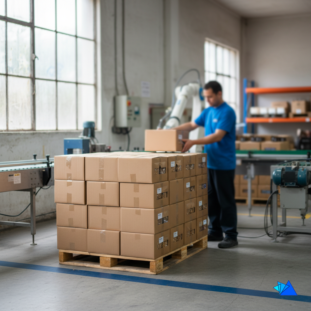 A pallet of finished food cases at the end of a production line, ready for warehouse and distribution services