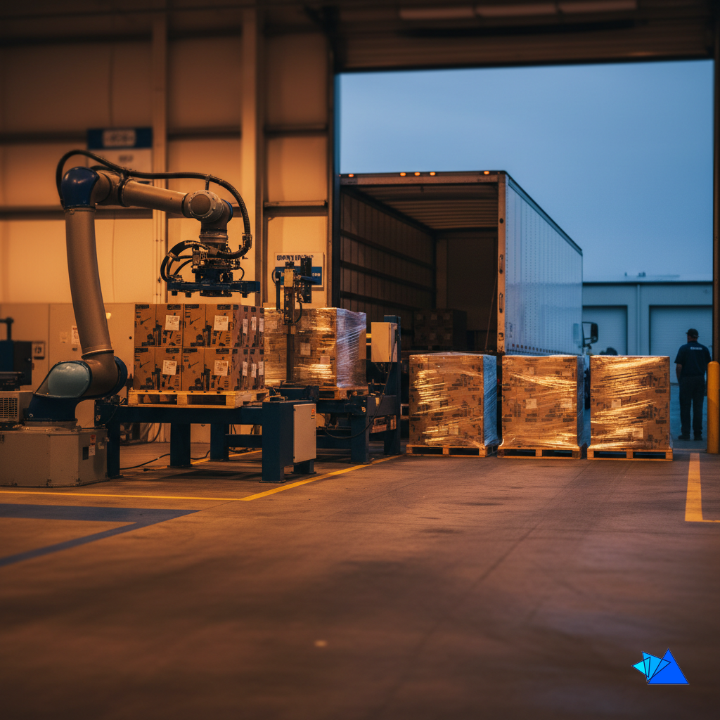 Finished pallets wait at a plant's outbound dock beside a robotic palletizer, the handoff to warehousing logistics