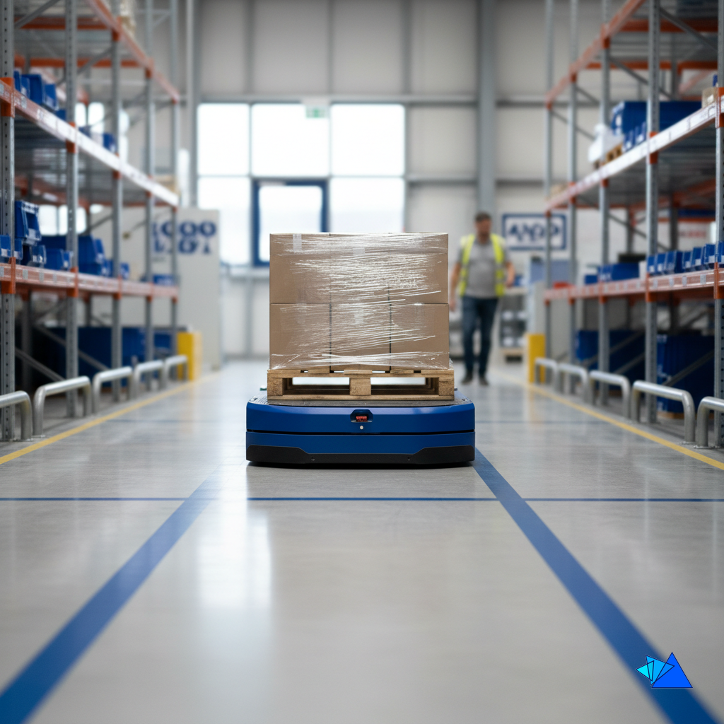 An automated guided vehicle moves a pallet down a warehouse aisle, matching the pace of automated fulfillment services