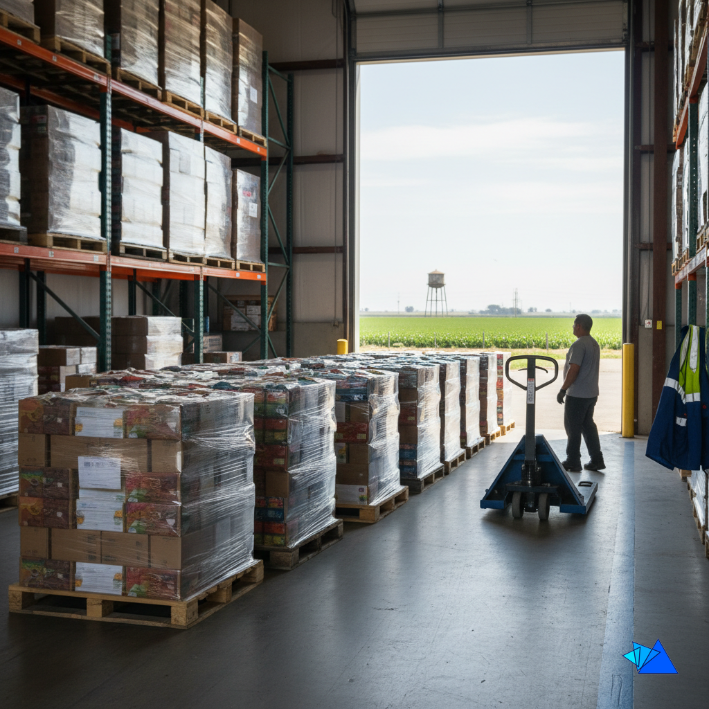 Pallets of packaged food arrive at a Central Valley california warehouse dock in a steady replenishment flow