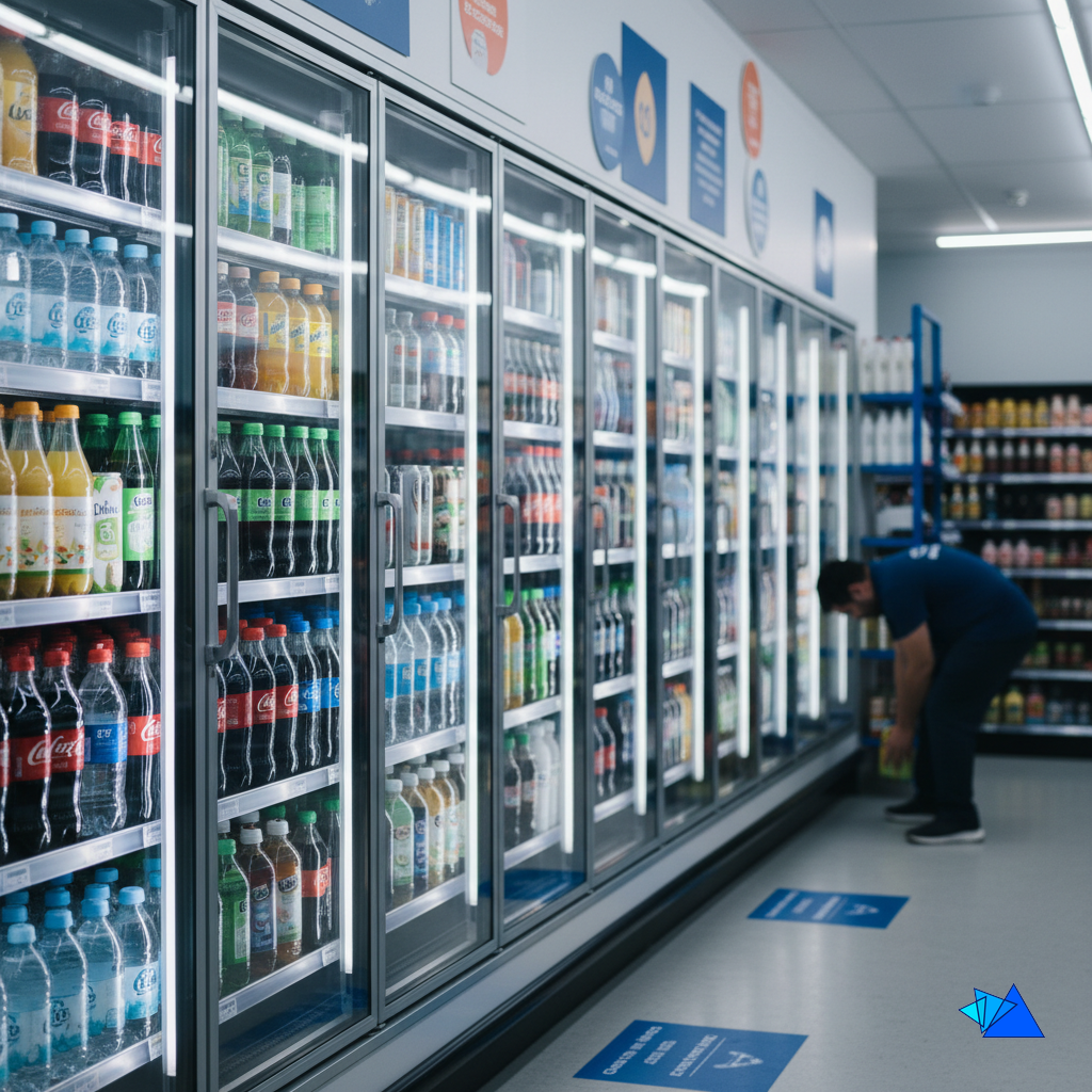 A fully stocked row of convenience store cooler doors, the shelf that steady warehousing logistics keeps full