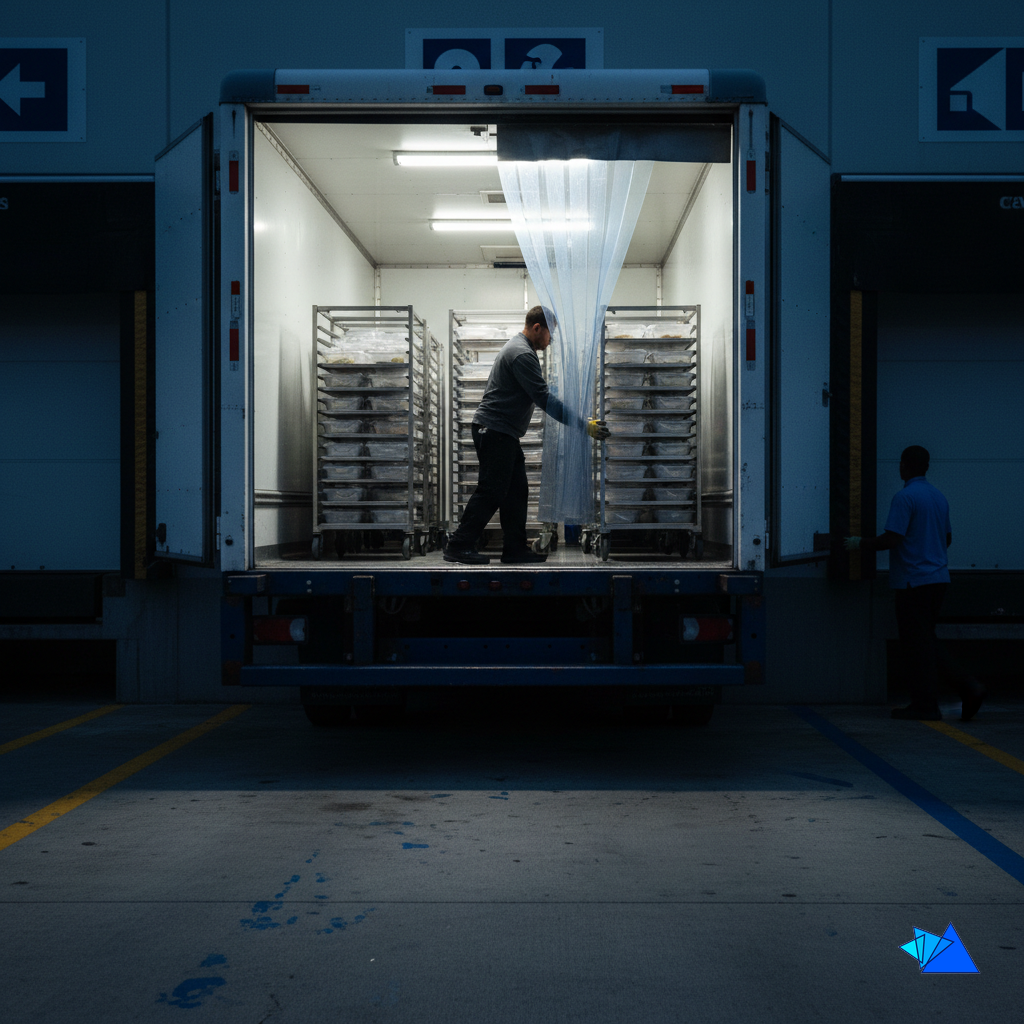 Fresh food trays staged at a commissary dock before dawn, showing the warehouse and distribution services behind c-store food